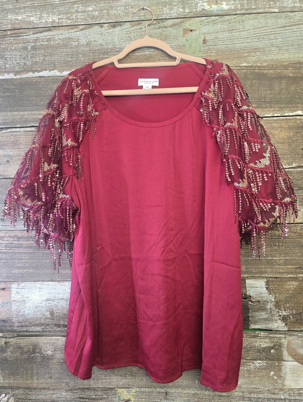 Chic Soul Beaded Fringe Short Sleeve Top in Deep Red, Size 1X